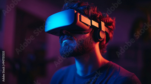 Adult man and VR headset in dark room. VR concept. Generative AI.