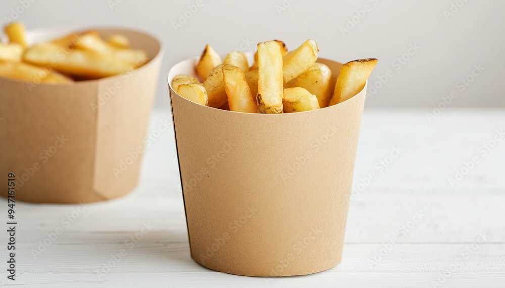 Potato stick crunchy snack fries salty on paper cup disposable in white table Potato stick crunchy snack fries salty on paper cup disposable in white table