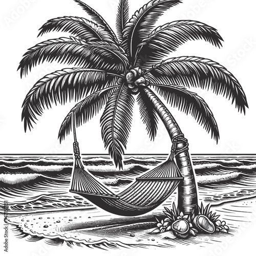 A big, bold palm tree on a beach with a hammock, sand, and waves vector