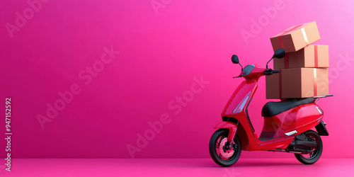 A stylish red scooter loaded with stacked boxes against a bold pink background, illustrating modern delivery services and vibrant urban transportation.