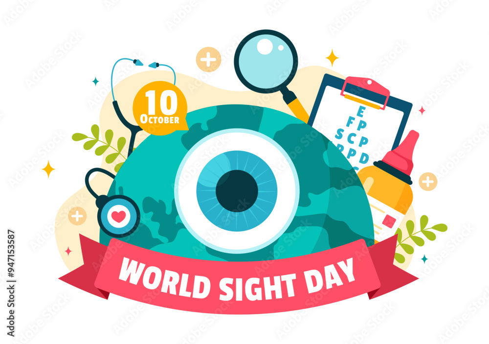 Obraz premium World Sight Day Vector Illustration for 10 October, featuring Vision Inspection, Blindness, and Visual Impairment in a Flat Style Cartoon Background