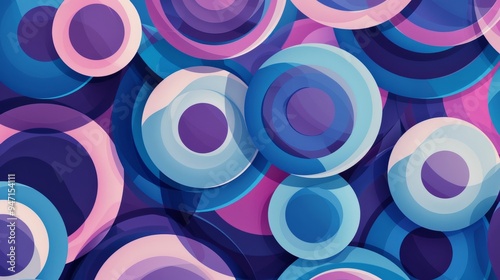 A harmonious display of organic shapes interlaces in a nostalgic retro style, featuring smooth circular patterns in captivating blue and purple hues photo