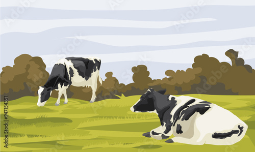 cattle are grazing on the green grass bund