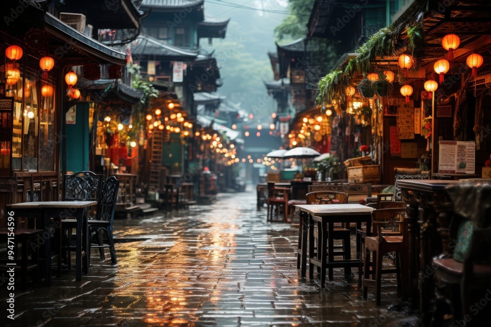 Naklejka premium Picturesque Asian-Inspired Fantasy City with Traditional Architecture, Vibrant Markets, and Serene Canals