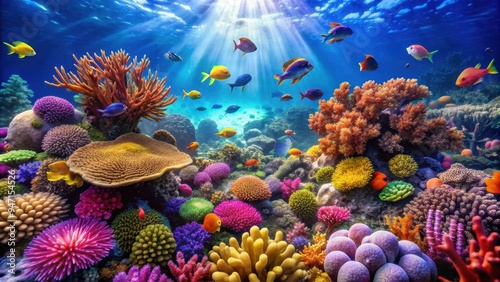 Vibrant underwater coral reef teeming with colorful marine life, colorful, underwater, coral reef, vibrant