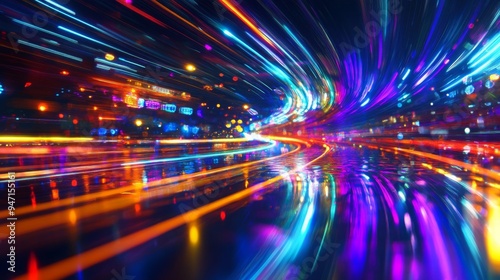 Reflections of multicolored light trails on a glassy surface, forming an abstract, futuristic landscape with vivid hues