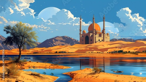 A Golden Mosque in the Desert with a Blue Lake