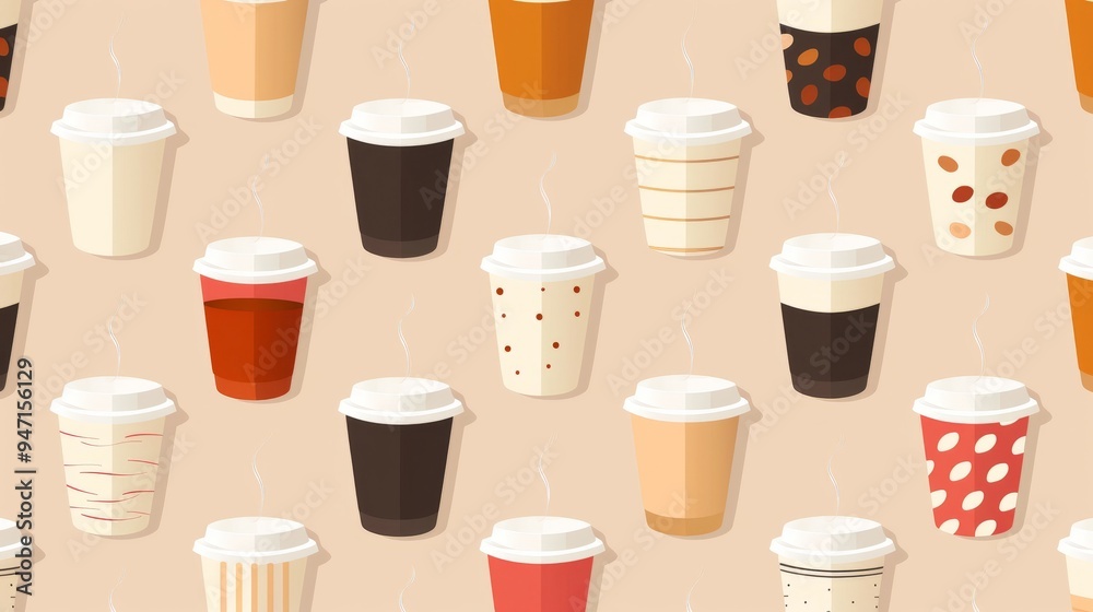 This artwork displays a variety of coffee cups emitting steam, arranged on a soft beige background, showcasing a minimalistic style This artwork displays a variety of coffee cups emitting steam, arranged on a soft beige background, showcasing a minimalistic style
