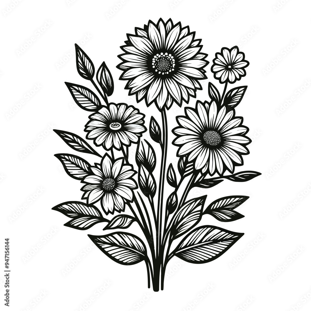 A bouquet of large, simple flowers with bold lines, featuring sunflowers, daisies, and lilies vector A bouquet of large, simple flowers with bold lines, featuring sunflowers, daisies, and lilies vector