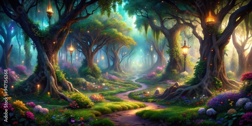 Enchanting image of a magical forest in Neverland, fairytale, fantasy, whimsical, mystical, dreamlike, enchanting