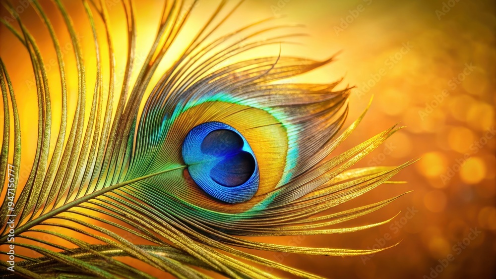 Obraz premium Peacock feather with vivid gold and blue hues , vibrant, iridescent, elegant, exotic, bird, feather, colorful, pattern
