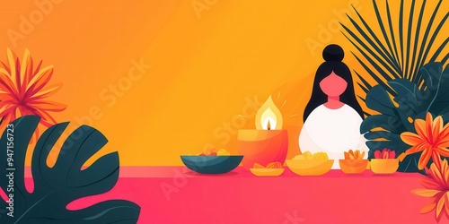 A serene setting with a woman enjoying fruits and candlelight, surrounded by vibrant tropical plants in warm colors.