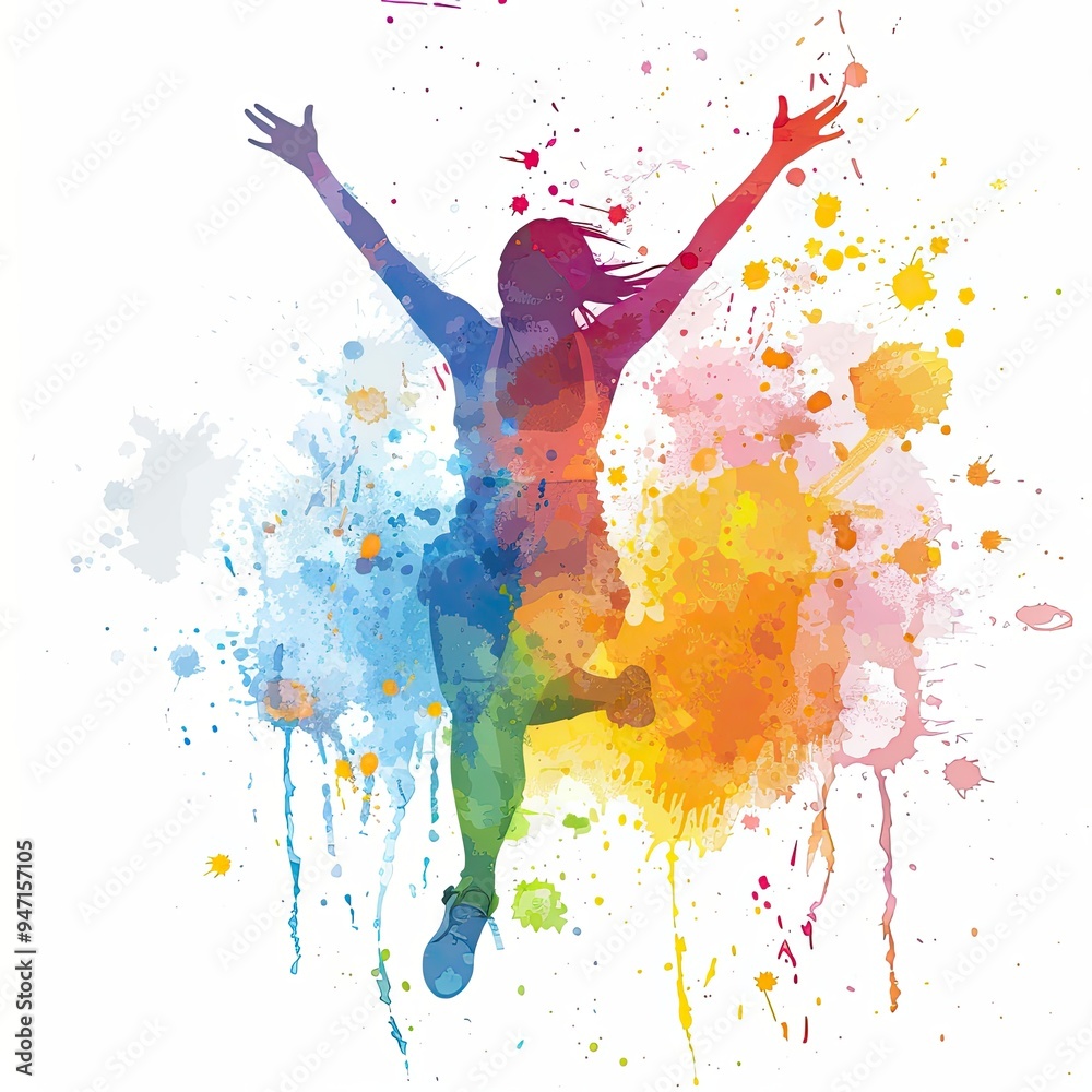 A vibrant watercolor illustration of a person jumping with arms raised, surrounded by splashes of bright colors creating a dynamic and joyful scene on a white background. A vibrant watercolor illustration of a person jumping with arms raised, surrounded by splashes of bright colors creating a dynamic and joyful scene on a white background.
