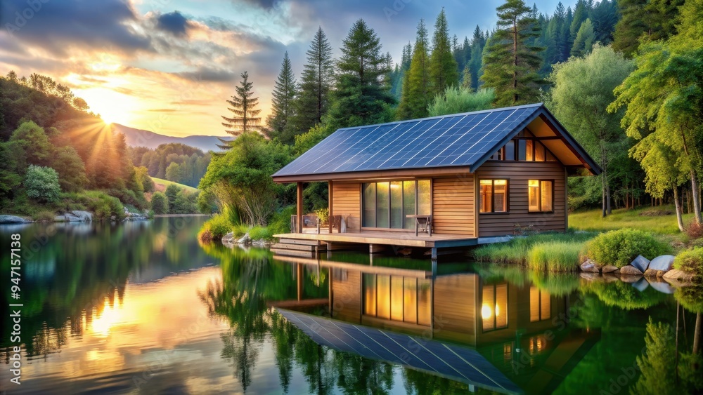 Serene lakeside cabin powered by solar energy, surrounded by lush greenery and peaceful water , solar energy Serene lakeside cabin powered by solar energy, surrounded by lush greenery and peaceful water , solar energy