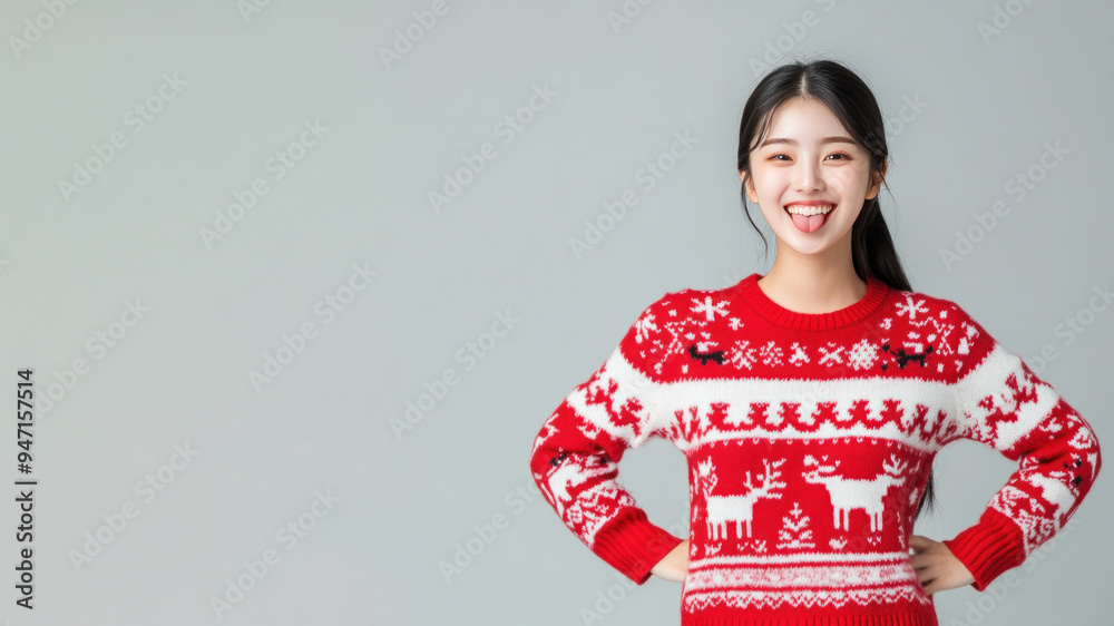 Happy Korean woman wearing red christmas sweatshirt showing tongue