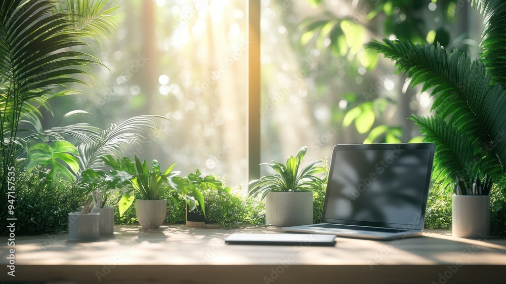A tranquil workspace featuring a laptop and lush plants, bathed in warm sunlight, perfect for inspiration and productivity. A tranquil workspace featuring a laptop and lush plants, bathed in warm sunlight, perfect for inspiration and productivity.