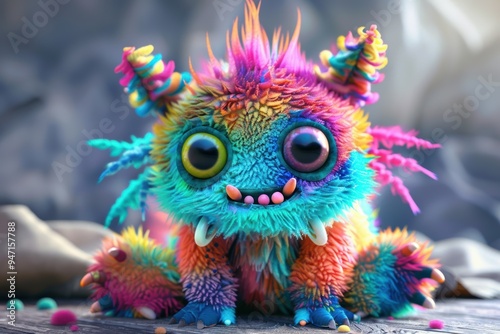 vividly colorful 3D monster, expressive eyes and intricate textures, stands out in a lush, natural setting, perfect for children's media and fantasy-themed projects.
