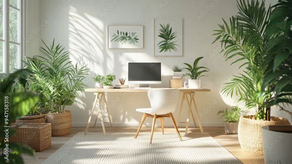 Fototapeta premium Bright and modern home office with greenery, featuring a wooden desk, computer, and stylish decor for a refreshing work environment.