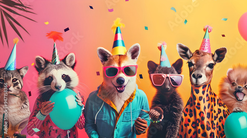 Creative animal concept. group of animals in colorful fashionable outfits celebrating in style, against a solid background, Copy space. Birthday party invite invitation banner