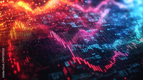 Colorful data visualization with vibrant lines and bars illustrating complex digital analytics and market trends.