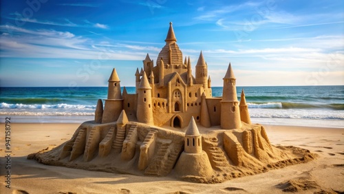 Sand sculpture castle on the beach , sand, sculpture, castle, beach,art, summer, creativity, sandcastle, shore, ocean