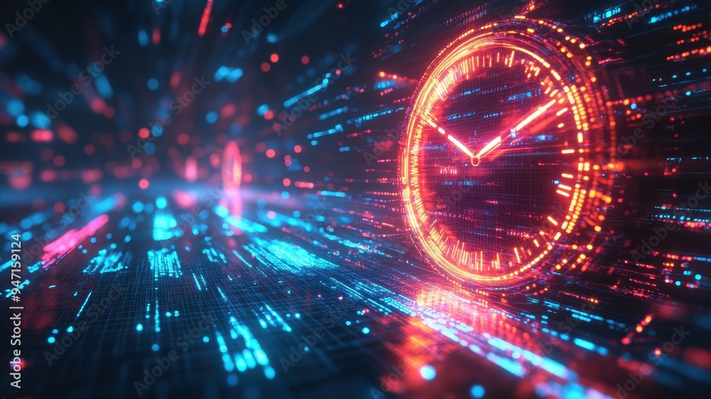 Futuristic clock design with glowing elements representing time and technology, ideal for digital and tech-themed projects.