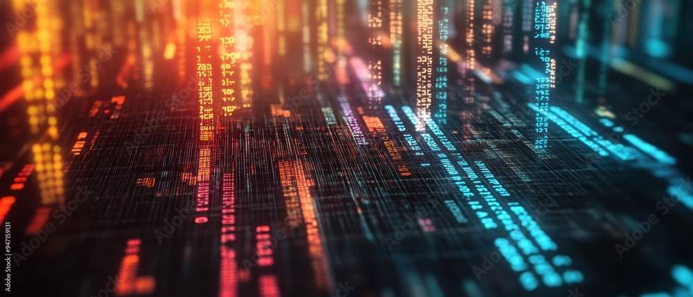 Fototapeta premium Dynamic abstract background showcasing vibrant lines of data streaming in vivid colors, ideal for technology and digital themes.
