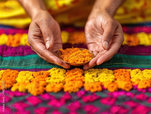 Close-up of hands placing offerings on a vibrant festival altar, honoring memories of the past, Festival Offering, Cultural remembrance