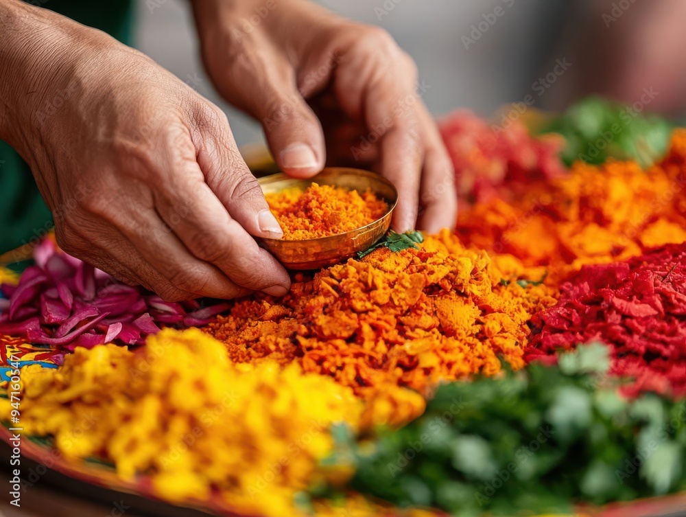 Close-up of hands placing offerings on a vibrant festival altar, honoring memories of the past, Festival Offering, Cultural remembrance Close-up of hands placing offerings on a vibrant festival altar, honoring memories of the past, Festival Offering, Cultural remembrance