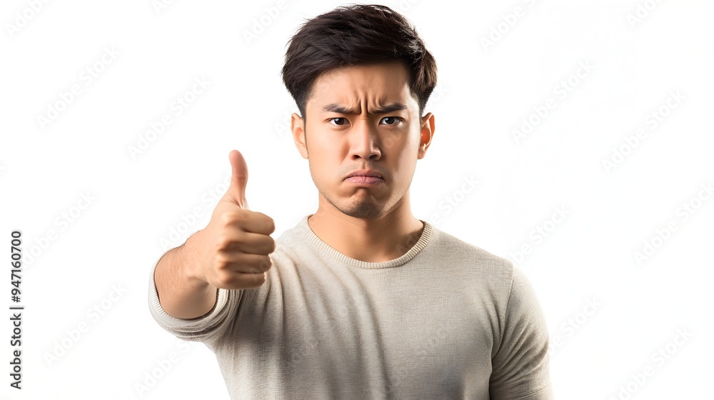 Asian Man with Thumbs Down Gesture Showing Disapproval on White Background Asian Man with Thumbs Down Gesture Showing Disapproval on White Background