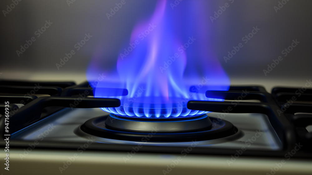 Blue flames burning on gas oven. Generative AI Blue flames burning on gas oven. Generative AI