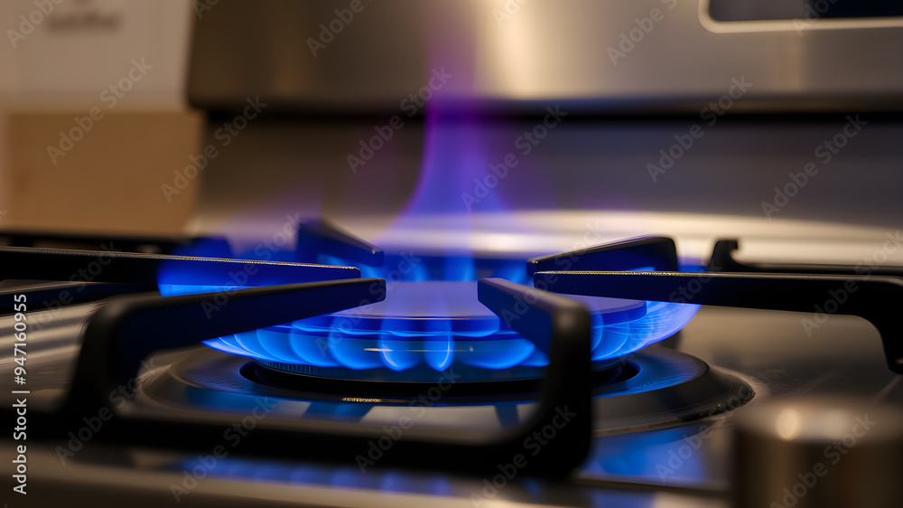Blue flames burning on gas oven. Generative AI Blue flames burning on gas oven. Generative AI