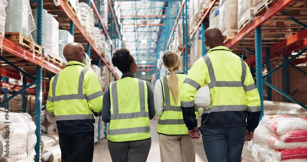 Team, logistics and walking in warehouse for inspection, compliance and safety training with back. People, discussion and tour for supply chain industry, project briefing and inventory management Team, logistics and walking in warehouse for inspection, compliance and safety training with back. People, discussion and tour for supply chain industry, project briefing and inventory management