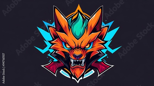 Mascot logo design eSports t-shirts, Wolf head with fiery mane, sharp teeth, colorful background. Suitable for designs related to power, strength, wildlife, and aggression.