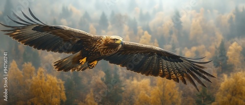 Golden eagle soaring over autumnal forest. photo