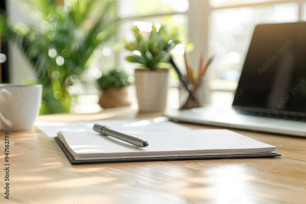 A notebook and laptop sit side by side on a desk, ideal for studying or working A notebook and laptop sit side by side on a desk, ideal for studying or working
