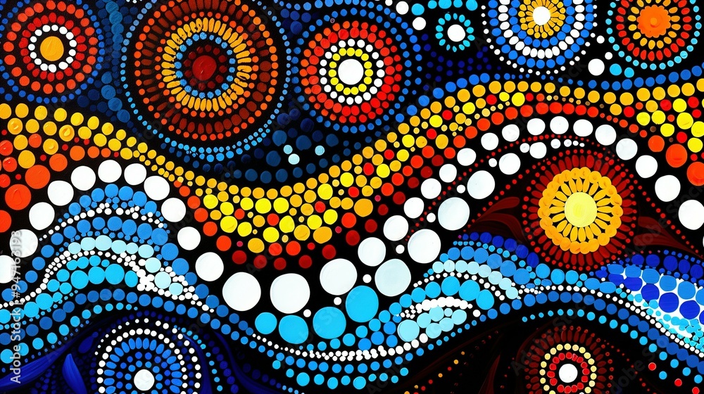 Abstract Dot Painting with Blue, Yellow, and Red Circles Abstract Dot Painting with Blue, Yellow, and Red Circles