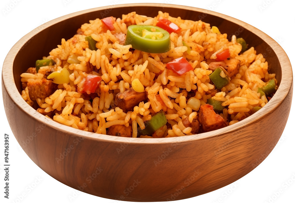 Front View of a Wooden bowl of Jambalaya rice with toppings PNG isolated on white and transparent background - Delicious Cajun rice dish Creole Spiced rice Southern cuisine Restaurant Menu Advertising Front View of a Wooden bowl of Jambalaya rice with toppings PNG isolated on white and transparent background - Delicious Cajun rice dish Creole Spiced rice Southern cuisine Restaurant Menu Advertising