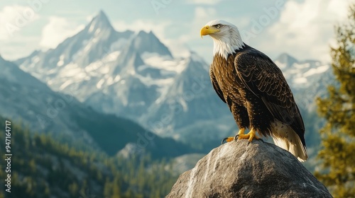 Majestic Bald Eagle Soaring Over Majestic Mountains photo