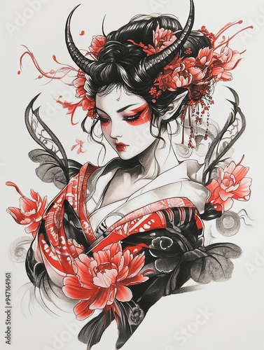 Demon Girl with Horns and Flowers in Traditional Japanese Style