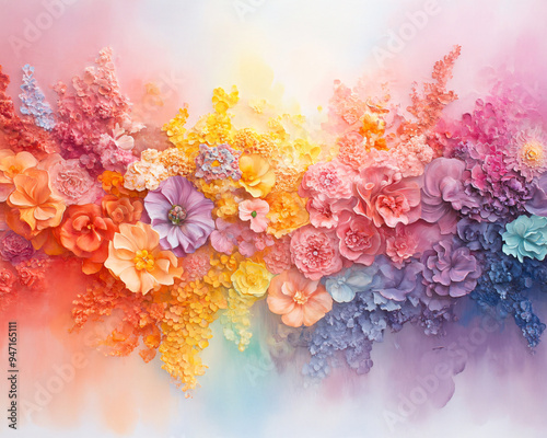 Wallpaper Mural A colorful bouquet of flowers is displayed in a room. The flowers are arranged in a rainbow pattern, with each color representing a different emotion. Scene is one of happiness and positivity Torontodigital.ca