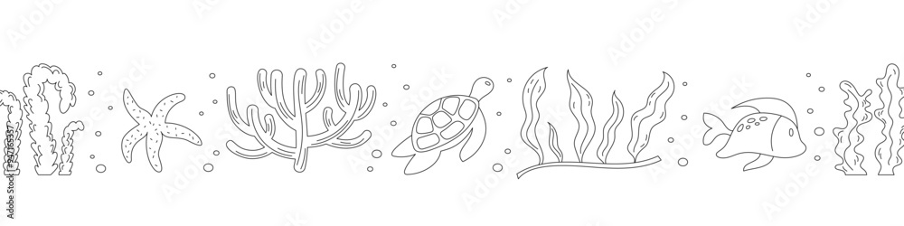 Vector with marine life silhouettes such as fish, sea turtle, seaweed, coral, and bubbles. Complements themes of ocean life, underwater reef, and aquatic habitat. Set elements. Vector with marine life silhouettes such as fish, sea turtle, seaweed, coral, and bubbles. Complements themes of ocean life, underwater reef, and aquatic habitat. Set elements.