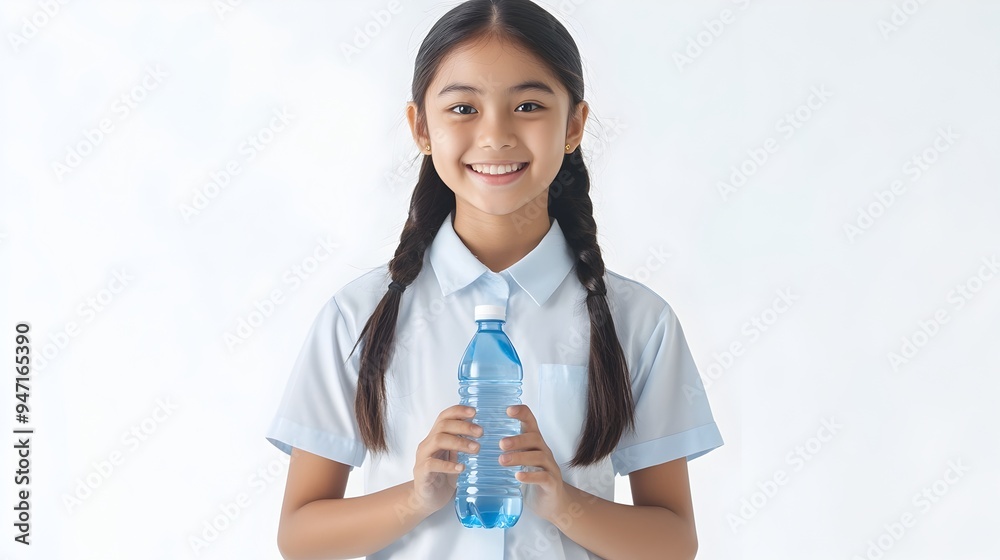 Cheerful Malaysian Schoolgirl Holding Water Bottle on White Background Cheerful Malaysian Schoolgirl Holding Water Bottle on White Background