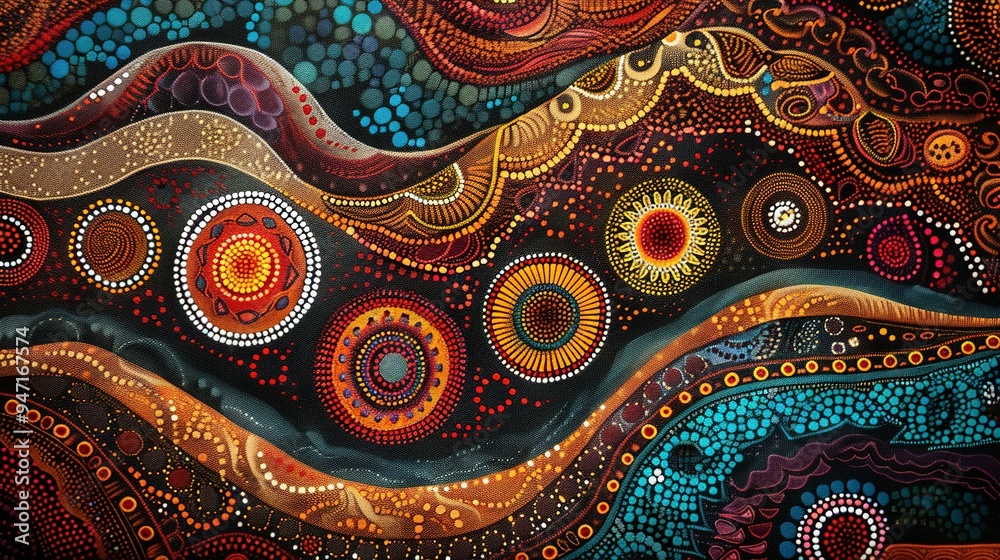 Abstract Aboriginal Art with Dotted Patterns and Curved Lines