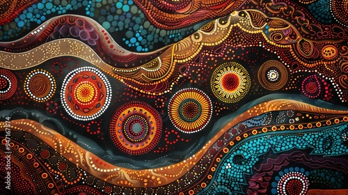 Obraz na płótnie Abstract Aboriginal Art with Dotted Patterns and Curved Lines w salonie