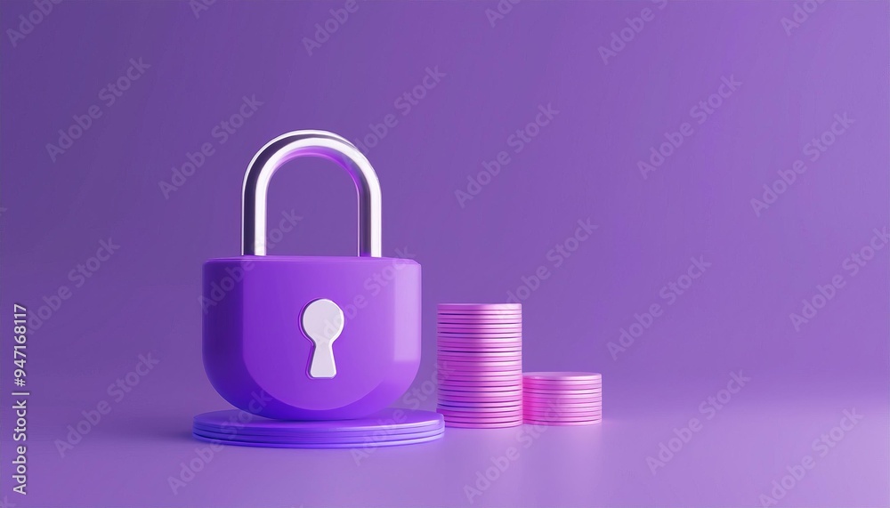 Purple padlock and pink coin stacks on a purple background symbolizing security and finance. Aesthetic 3D illustration. Purple padlock and pink coin stacks on a purple background symbolizing security and finance. Aesthetic 3D illustration.