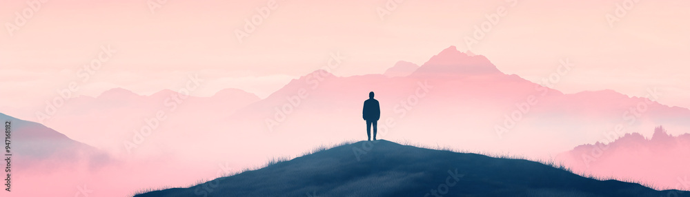 A person stands on a hill overlooking a mountain range. The sky is pink and the mountains are in the background. The scene is peaceful and serene, with the person standing alone on the hill A person stands on a hill overlooking a mountain range. The sky is pink and the mountains are in the background. The scene is peaceful and serene, with the person standing alone on the hill