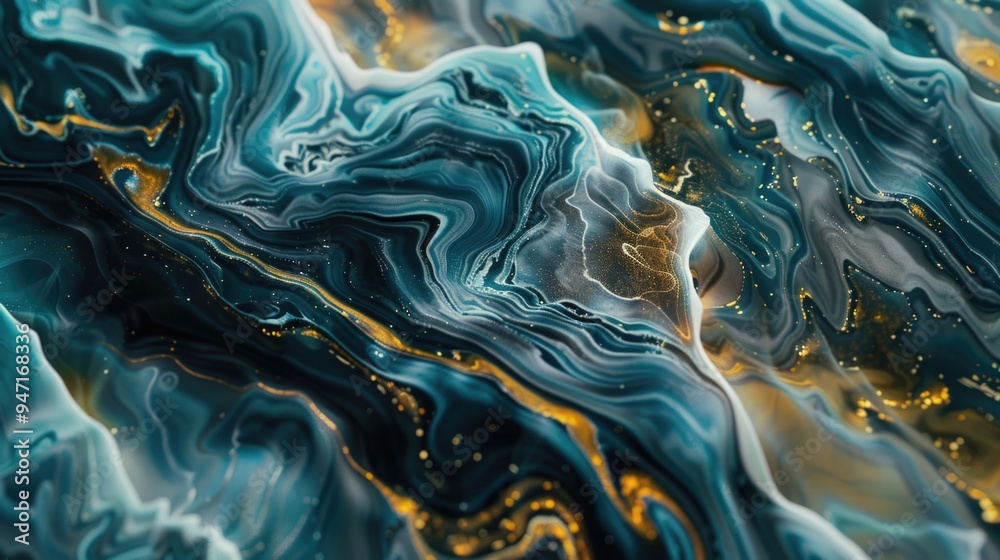 Close-up view of a beautiful painting featuring shades of blue and gold, perfect for art or decorative use