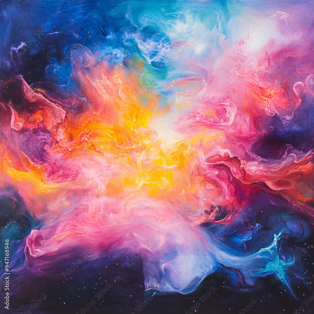 Painting of a colorful galaxy with a yellow sun in the center. The painting is full of vibrant colors and has a dreamy, ethereal quality Painting of a colorful galaxy with a yellow sun in the center. The painting is full of vibrant colors and has a dreamy, ethereal quality