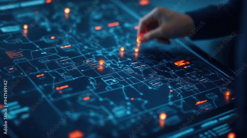 Obraz premium A glassmorphic map interface with a frosted overlay and glowing pins, glassmorphism, map, glowing